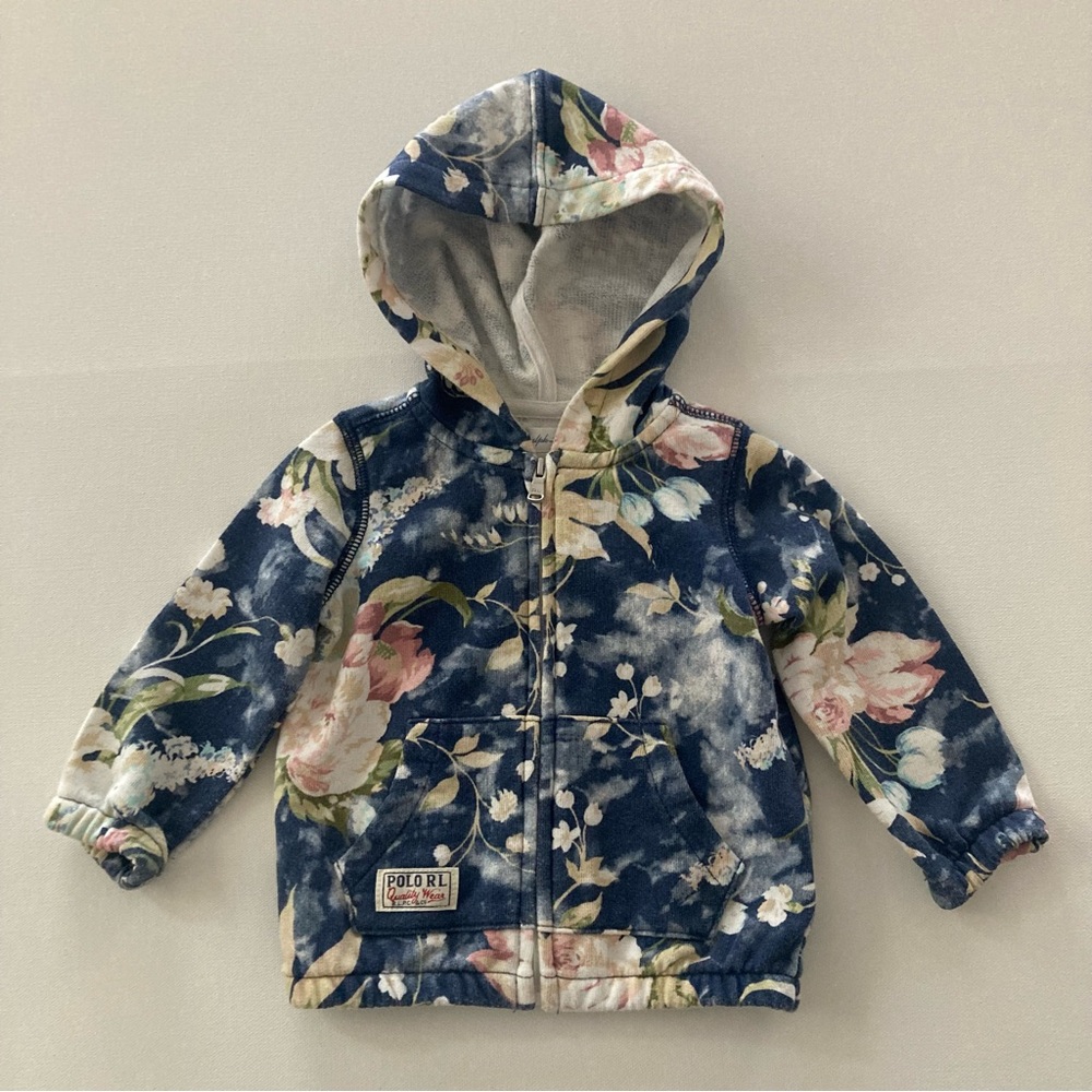 Ralph Lauren Baby Girl 9 Months Floral Hooded Cardigan Zip Hoodie Blue Pink